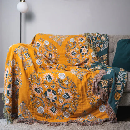 Reversible Cotton Throw Blanket with Tassels – Bohemian Floral Design for Couch, Sofa, or Bed – Warm & Decorative Home Accent