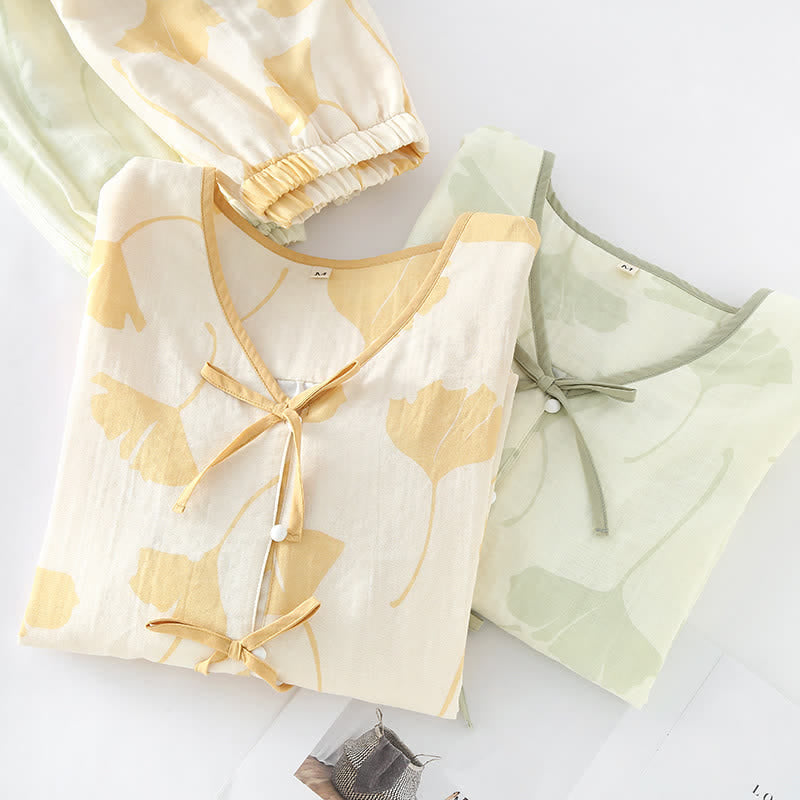 Women's Cotton Pajama Set with Ginkgo Leaf Print and Bow Tie Detail for Lounging at Home