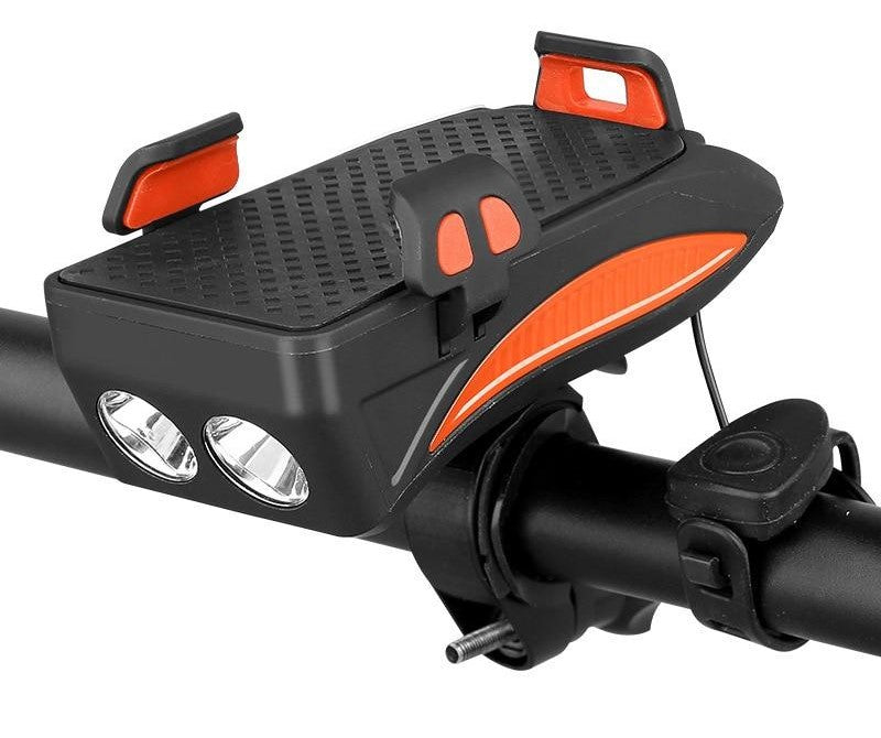 Bicycle Smartphone Mount with 4000mAh Charger LED Headlight Horn Combo for Handlebars | Multi-Function Cycling Accessory for Commuters Road