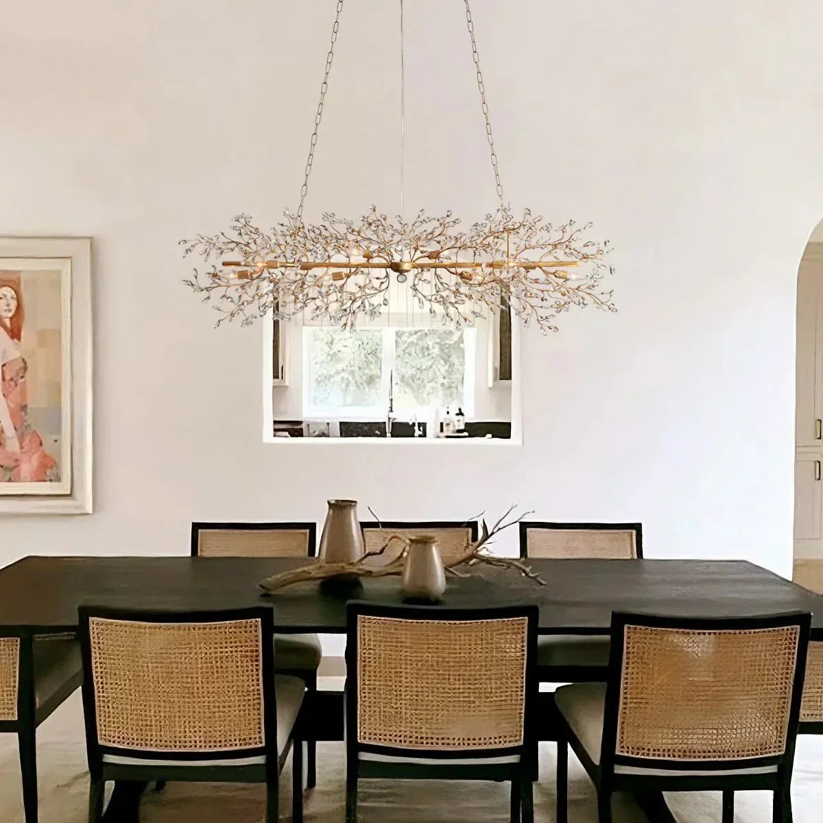 Crystal Branch Chandelier 8-10 Light Linear Fixture for Dining Room Gold Silver Bronze Finish
