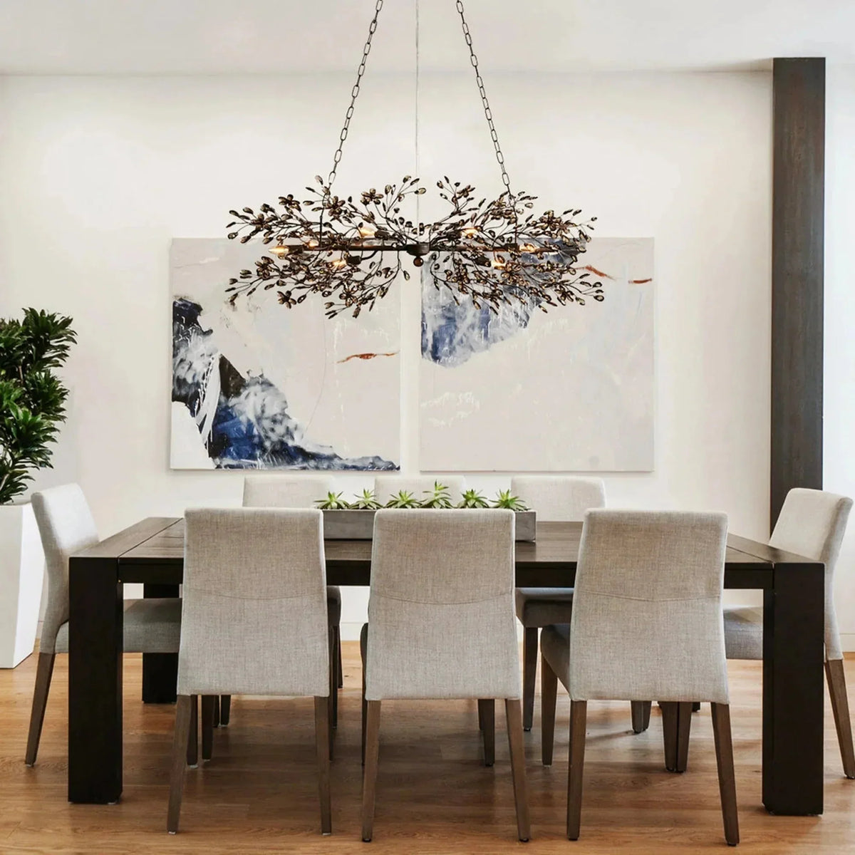 Crystal Branch Chandelier 8-10 Light Linear Fixture for Dining Room Gold Silver Bronze Finish