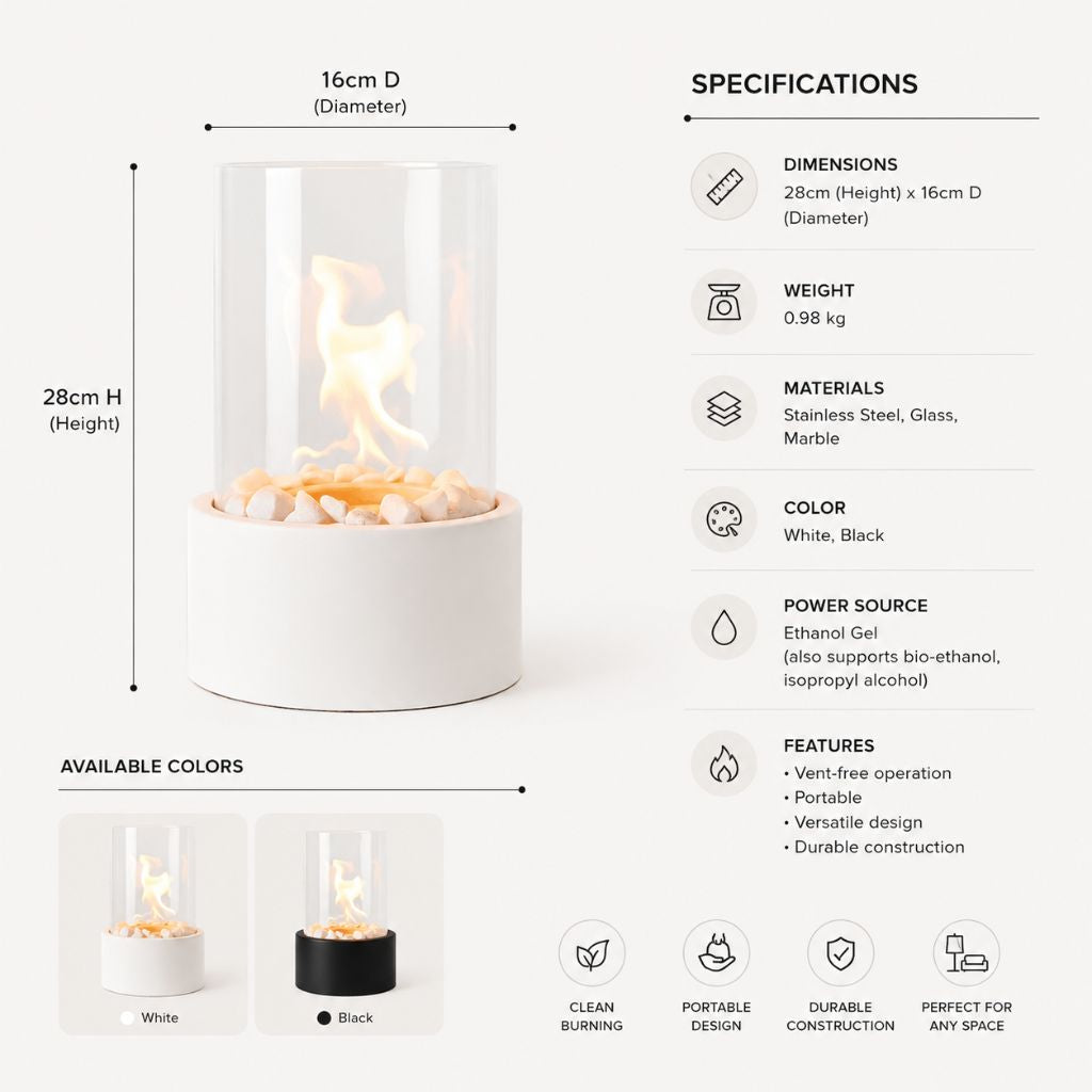 Tabletop Ethanol Burner with Glass Cylinder & Marble Base for Indoor Outdoor Patio Dining Living Room Portable Flame Centerpiece Decor