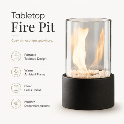 Tabletop Ethanol Burner with Glass Cylinder & Marble Base for Indoor Outdoor Patio Dining Living Room Portable Flame Centerpiece Decor