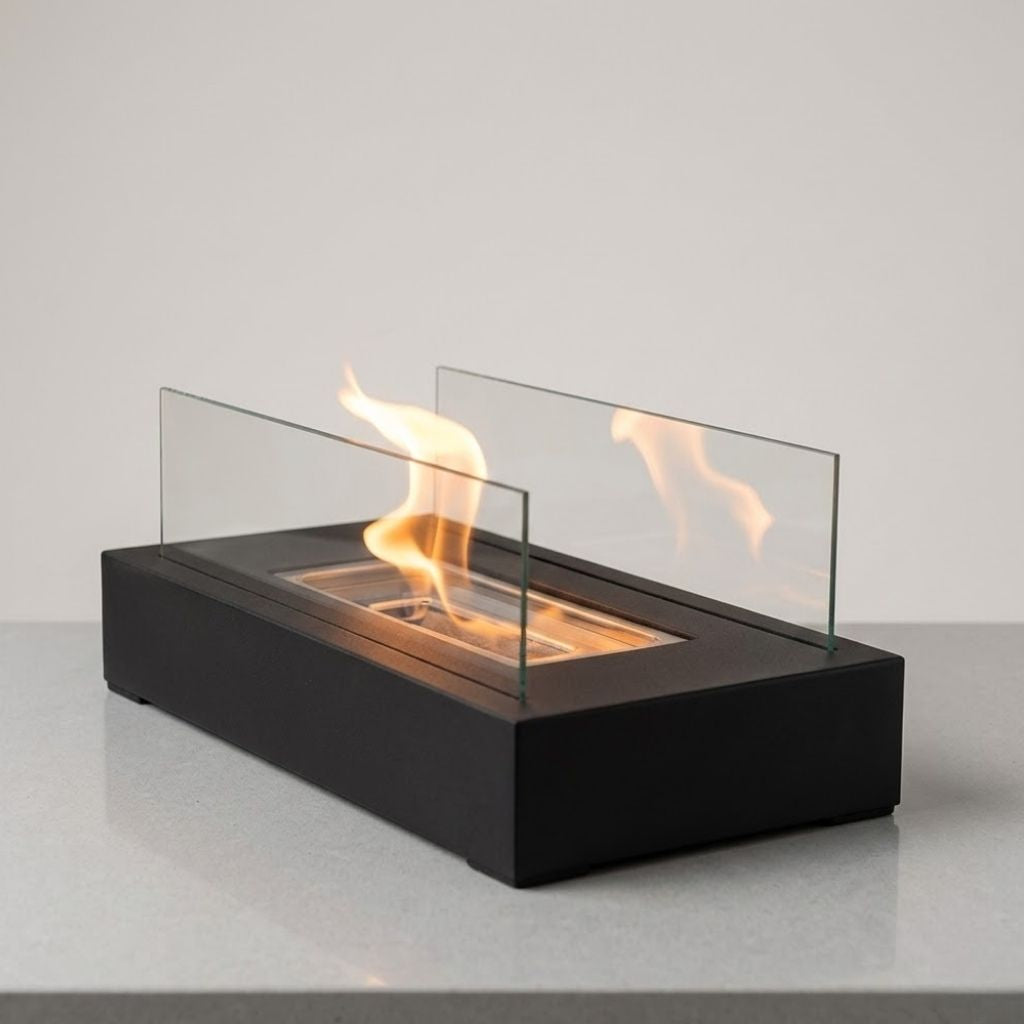 Portable Tabletop Fireplace Real Flame Bio Ethanol Burner for Indoor Outdoor Patio Living Room Rectangle Glass Steel Fire Pit Centerpiece