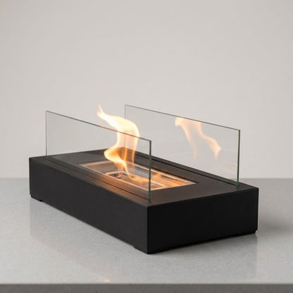 Portable Tabletop Fireplace Real Flame Bio Ethanol Burner for Indoor Outdoor Patio Living Room Rectangle Glass Steel Fire Pit Centerpiece