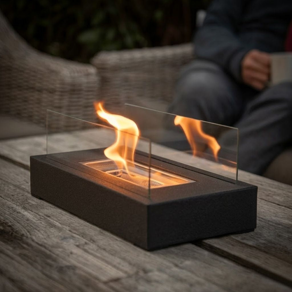 Portable Tabletop Fireplace Real Flame Bio Ethanol Burner for Indoor Outdoor Patio Living Room Rectangle Glass Steel Fire Pit Centerpiece