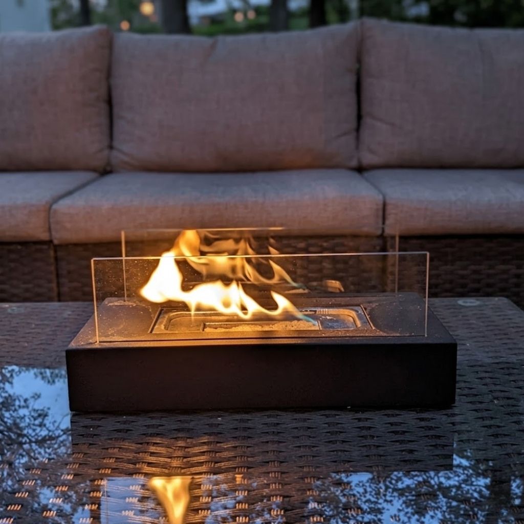 Portable Tabletop Fireplace Real Flame Bio Ethanol Burner for Indoor Outdoor Patio Living Room Rectangle Glass Steel Fire Pit Centerpiece