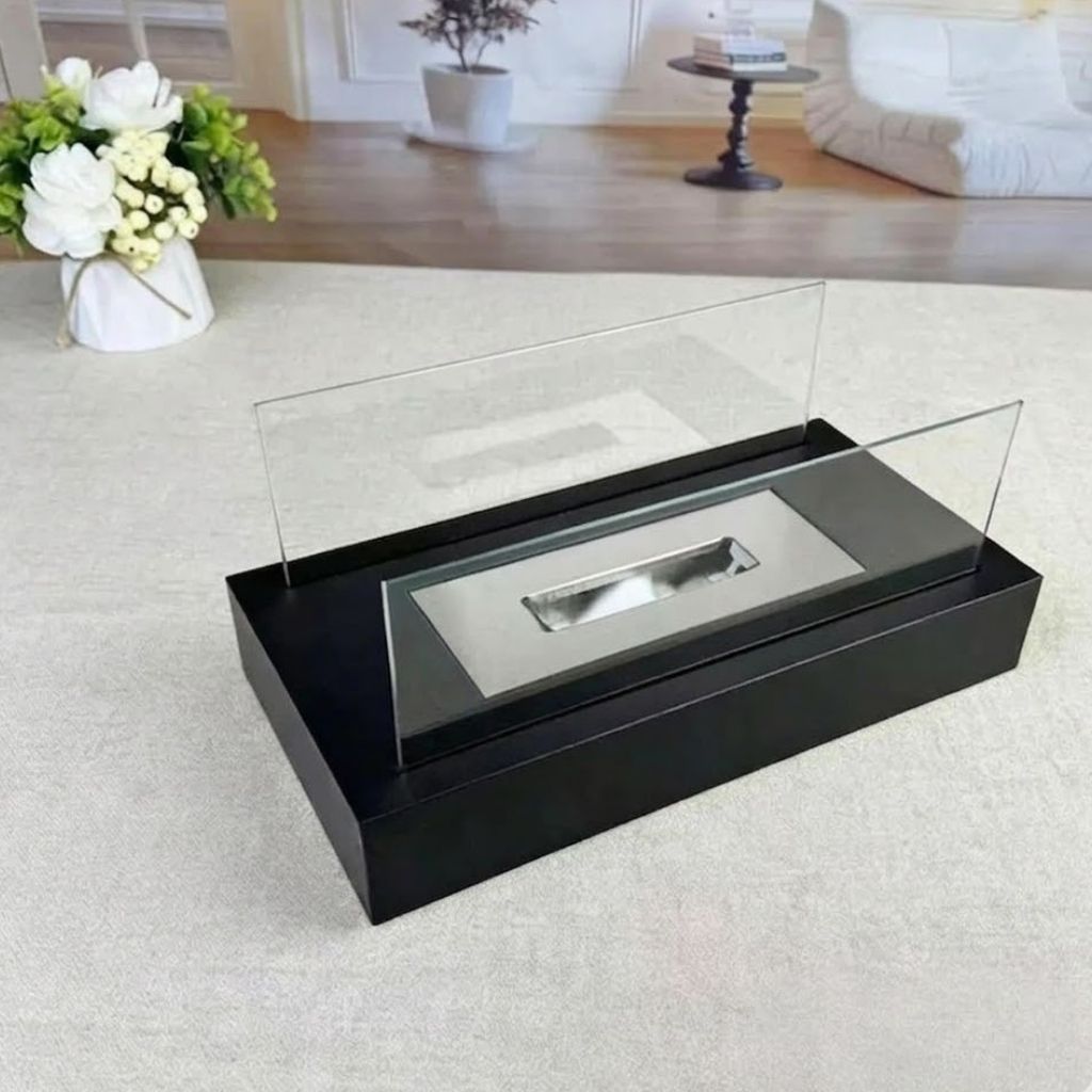 Portable Tabletop Fireplace Real Flame Bio Ethanol Burner for Indoor Outdoor Patio Living Room Rectangle Glass Steel Fire Pit Centerpiece