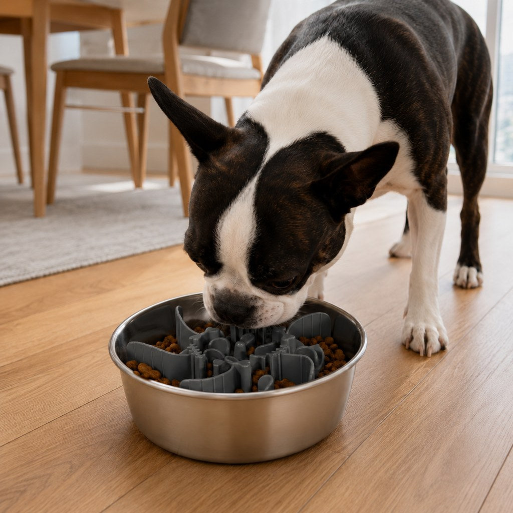 Ortekor Fishbone Slow Feeder Bowl Insert for Fast-Eating Dogs - Trim-to-Fit Suction Insert or Stainless Steel Bowl Set