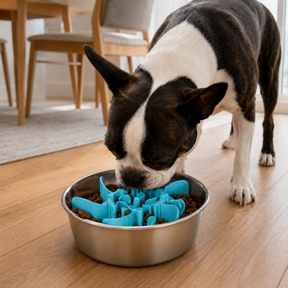 Ortekor Fishbone Slow Feeder Bowl Insert for Fast-Eating Dogs - Trim-to-Fit Suction Insert or Stainless Steel Bowl Set