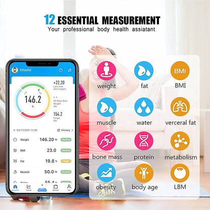 Smart Body Composition Scale Bluetooth Health Tracker 13+ Metrics Weight BMI Fat Muscle Mass Monitor Temperature Sensor App Sync Family
