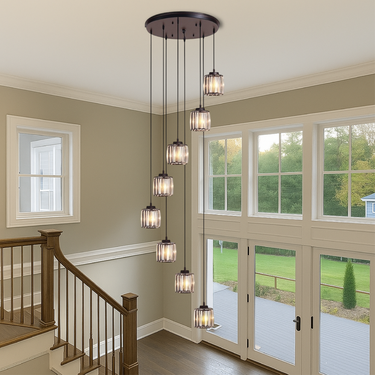Multi-Tier Drop Chandelier for High Ceilings with Ribbed Glass Shades in Black Finish | Adjustable Vertical Lighting for Staircases, Foyers,