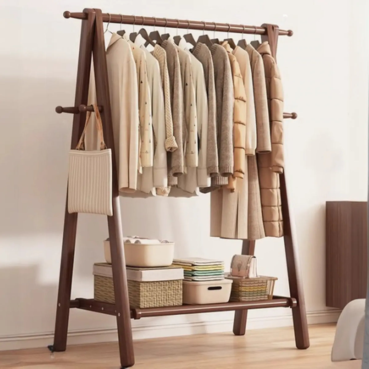 Freestanding Wood Garment Rack 59 in Tall with Hooks & Shelf for Entryway Clothes Hanging Storage Collapsible A-Frame Stand