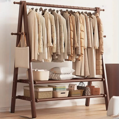 Freestanding Wood Garment Rack 59 in Tall with Hooks & Shelf for Entryway Clothes Hanging Storage Collapsible A-Frame Stand