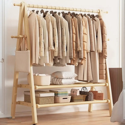 Freestanding Wood Garment Rack 59 in Tall with Hooks & Shelf for Entryway Clothes Hanging Storage Collapsible A-Frame Stand