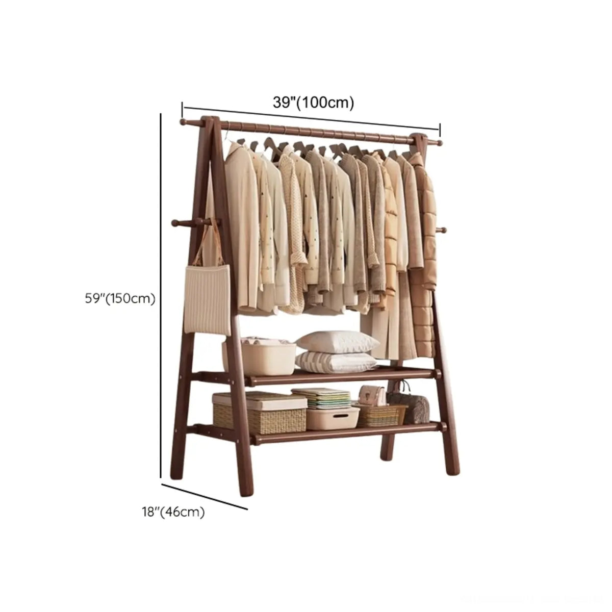 Freestanding Wood Garment Rack 59 in Tall with Hooks & Shelf for Entryway Clothes Hanging Storage Collapsible A-Frame Stand