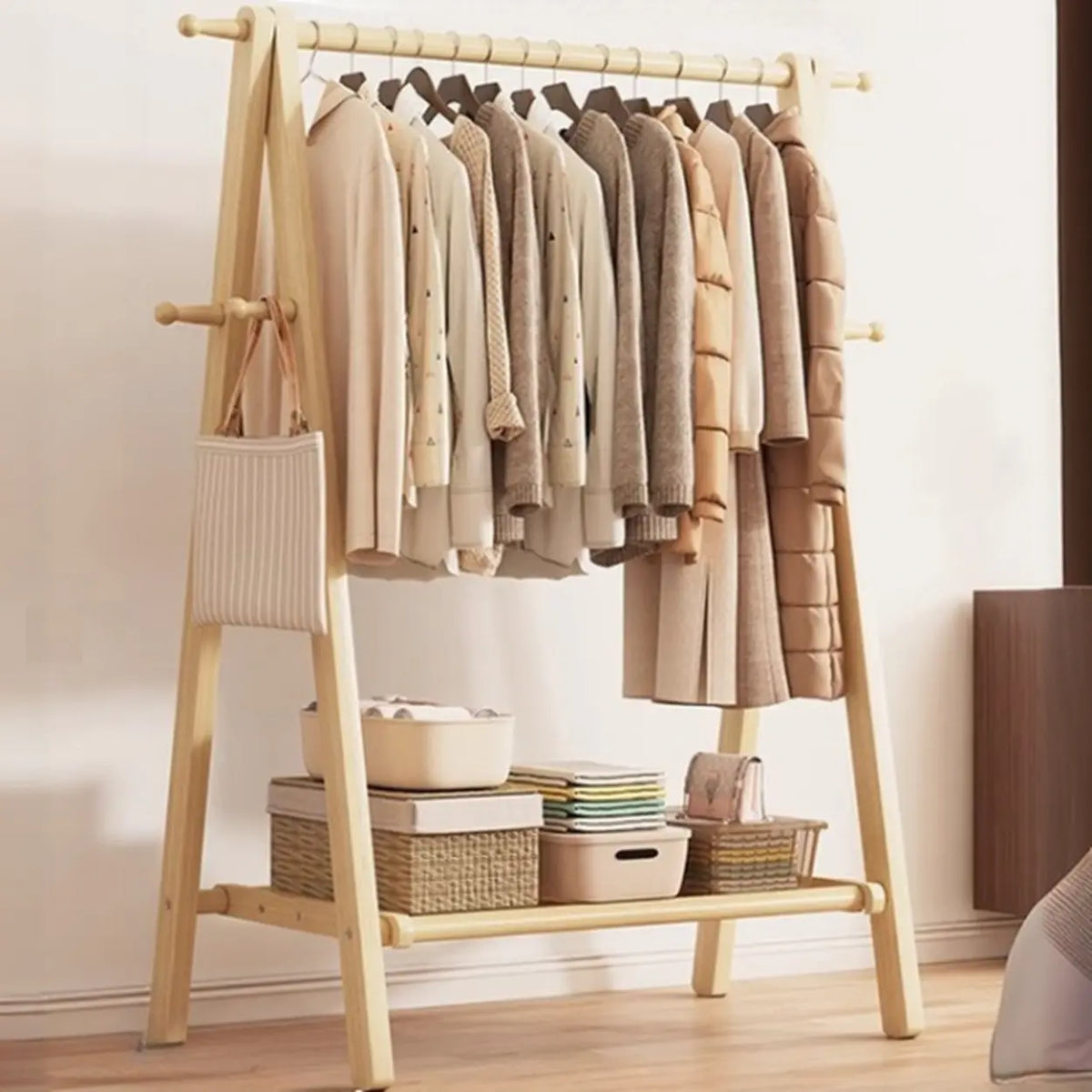 Freestanding Wood Garment Rack 59 in Tall with Hooks & Shelf for Entryway Clothes Hanging Storage Collapsible A-Frame Stand