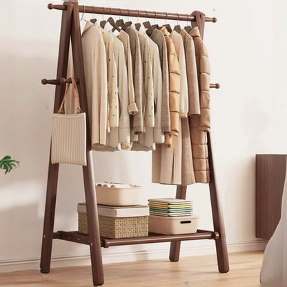 Freestanding Wood Garment Rack 59 in Tall with Hooks & Shelf for Entryway Clothes Hanging Storage Collapsible A-Frame Stand