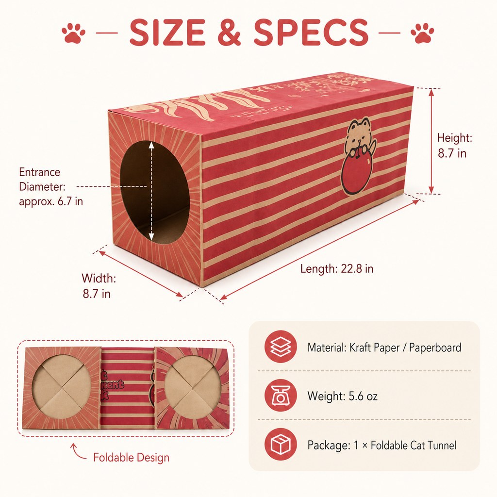 Ortekor Foldable Kraft Paper Cat Tunnel for Indoor Cats - Space-Saving Hide & Play Toy to Beat Boredom