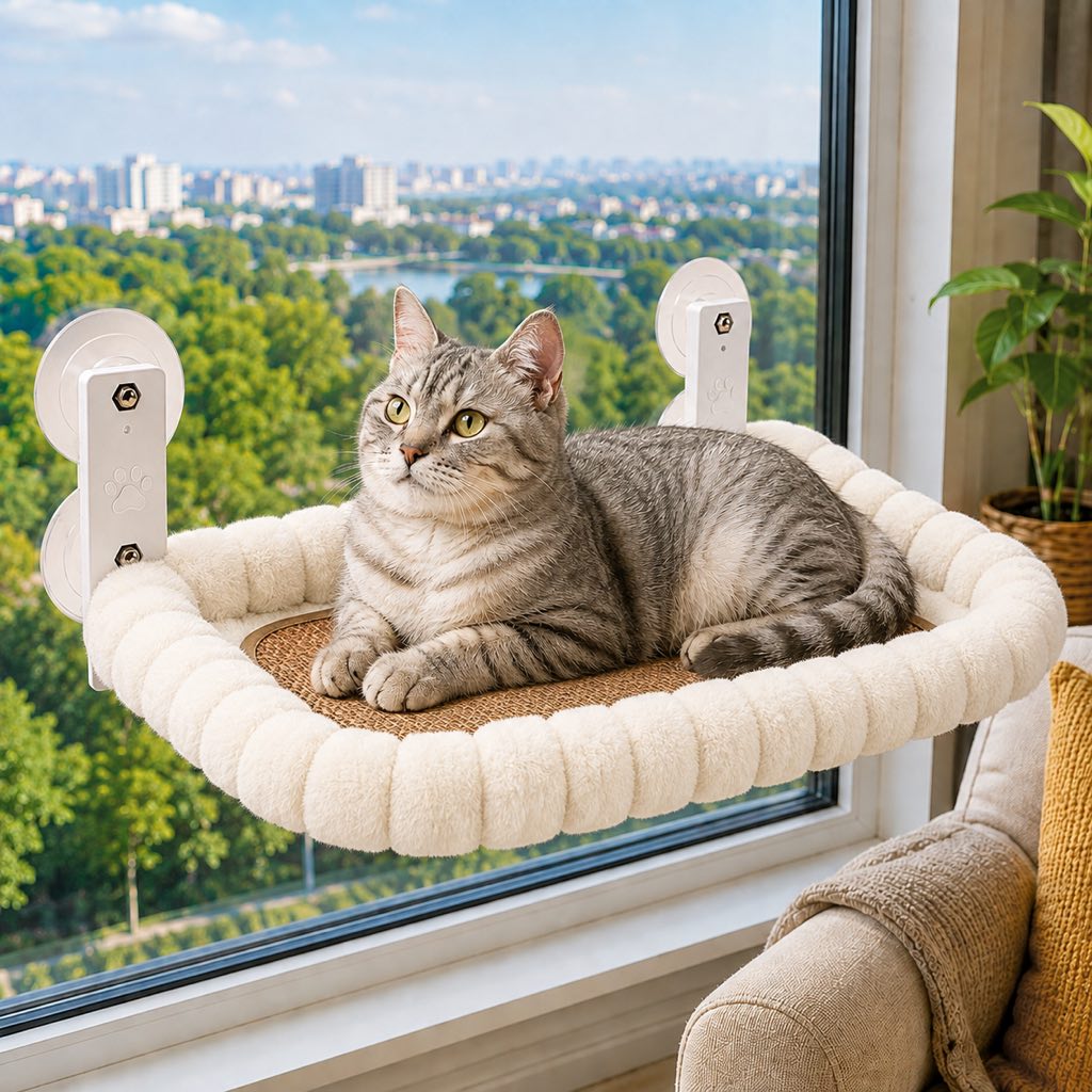 Ortekor Foldable Cat Window Hammock for Apartments - No-Drill Suction Perch for Sunny Naps Without Taking Up Floor Space