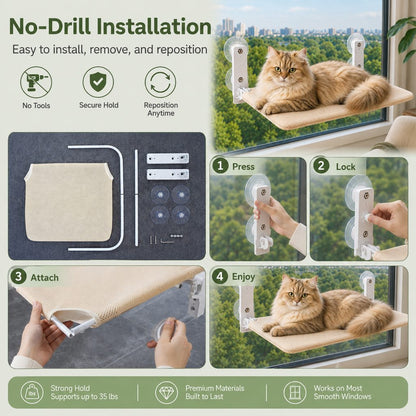 Ortekor Foldable Cat Window Hammock for Apartments - No-Drill Suction Perch for Sunny Naps Without Taking Up Floor Space