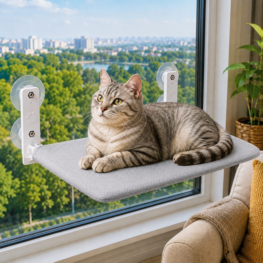 Ortekor Foldable Cat Window Hammock for Apartments - No-Drill Suction Perch for Sunny Naps Without Taking Up Floor Space