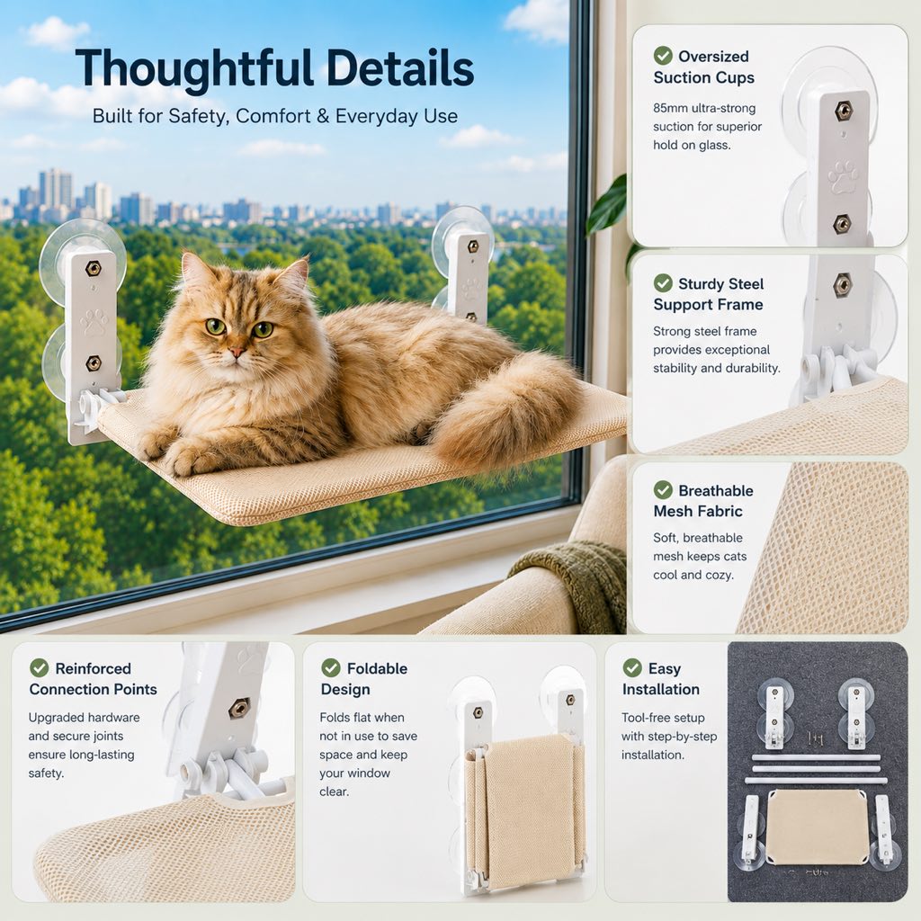 Ortekor Foldable Cat Window Hammock for Apartments - No-Drill Suction Perch for Sunny Naps Without Taking Up Floor Space
