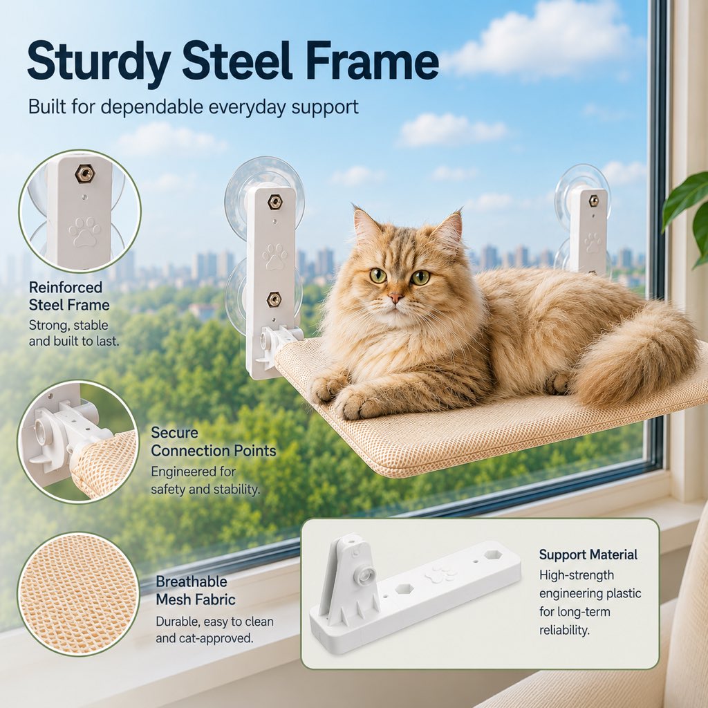 Ortekor Foldable Cat Window Hammock for Apartments - No-Drill Suction Perch for Sunny Naps Without Taking Up Floor Space