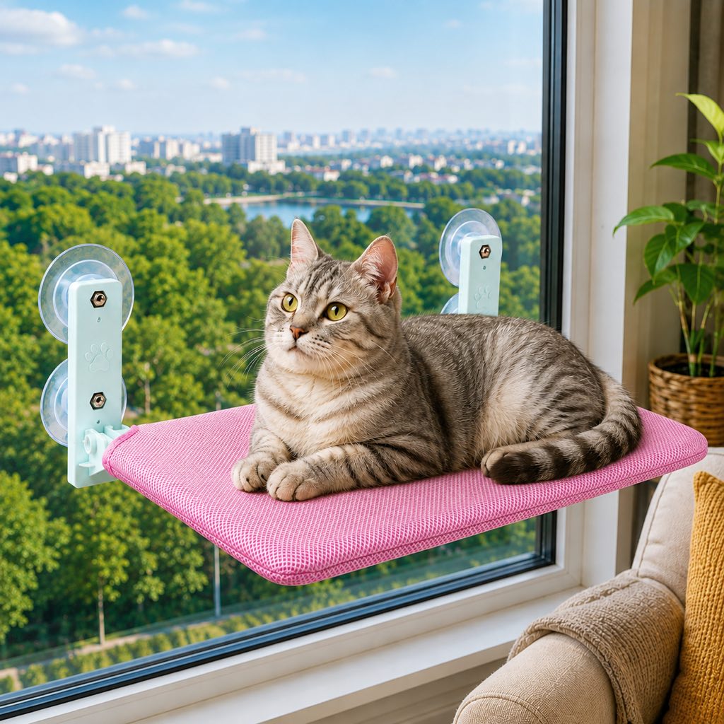 Ortekor Foldable Cat Window Hammock for Apartments - No-Drill Suction Perch for Sunny Naps Without Taking Up Floor Space