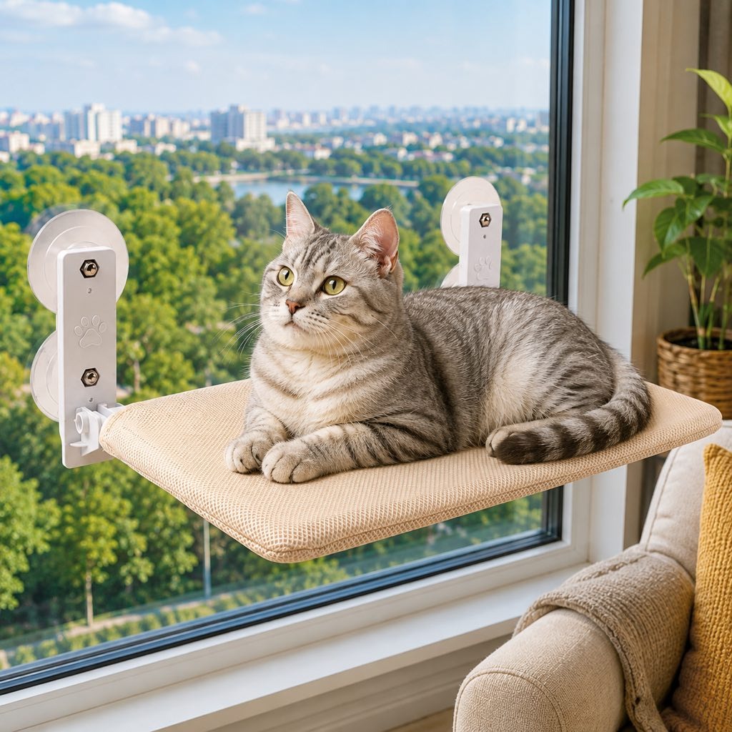 Ortekor Foldable Cat Window Hammock for Apartments - No-Drill Suction Perch for Sunny Naps Without Taking Up Floor Space