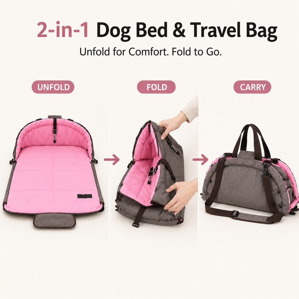 Ortekor 2-in-1 Foldable Dog Travel Bed & Carry Bag – Portable Cushioned Pet Bed for Road Trips, Car Rides & Home – Folds for Easy Travel & Cozy Rest Anywhere