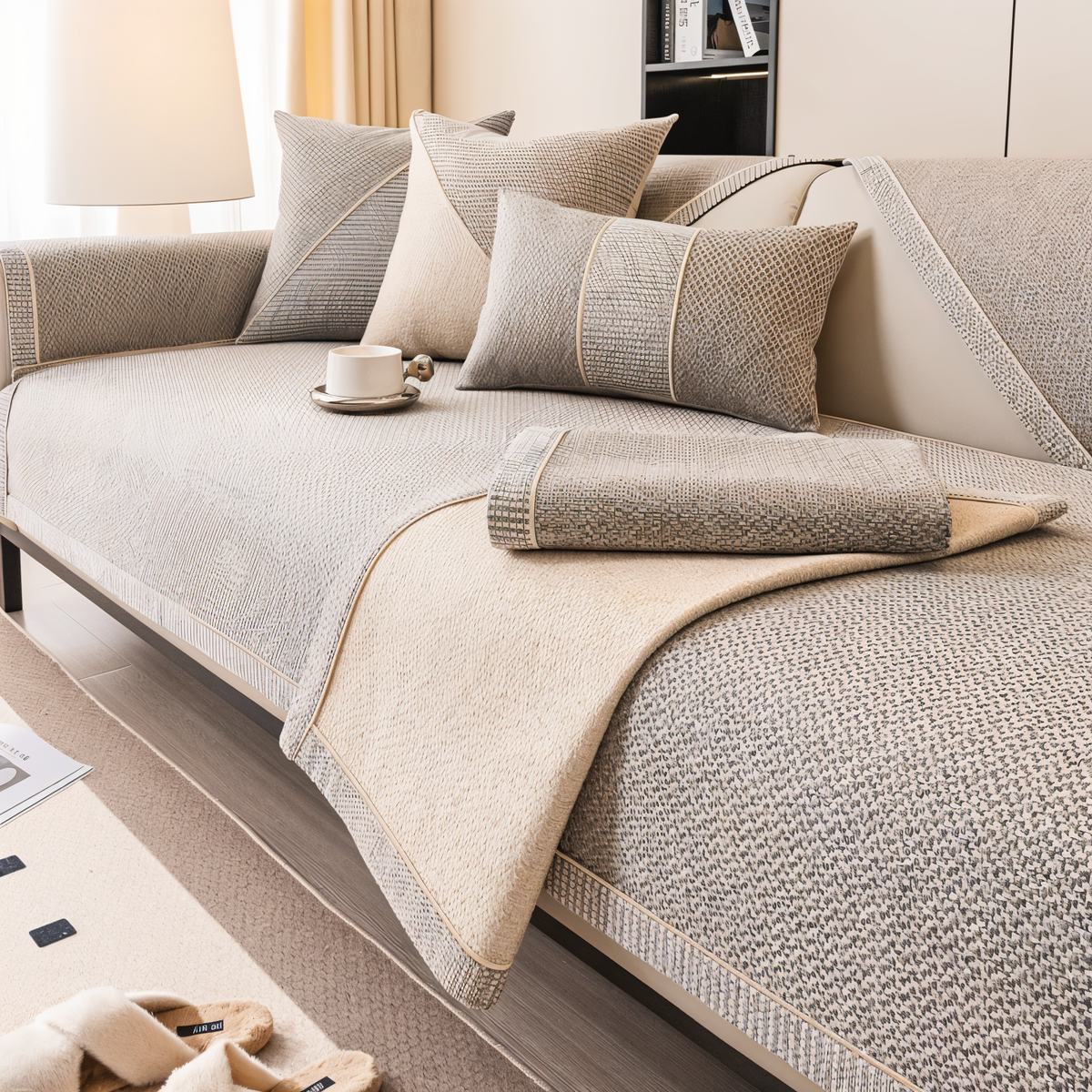 Furniture Throw with Grip-Back Design – Washable Slipcover for Couches & Loveseats in Gray, Tan & Blue – Secures Without Straps for Family R