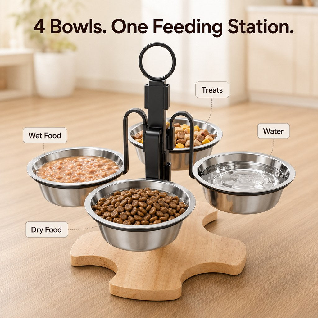 Ortekor 4-Bowl Elevated Pet Feeding Station for Cats & Small Dogs – 3-Level Bowl Positions, Removable Stainless Steel Bowls & Wooden Base for Cleaner, Organized Mealtimes