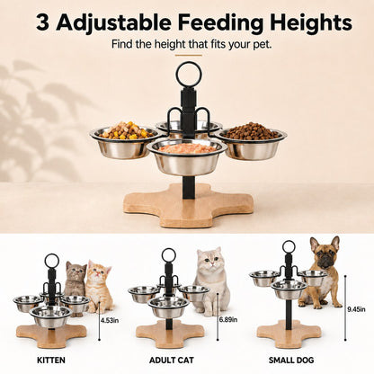 Ortekor 4-Bowl Elevated Pet Feeding Station for Cats & Small Dogs – 3-Level Bowl Positions, Removable Stainless Steel Bowls & Wooden Base for Cleaner, Organized Mealtimes