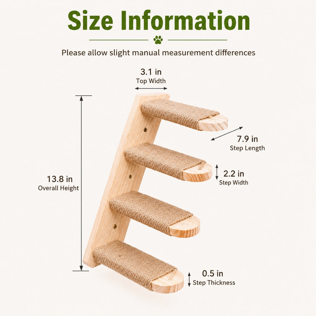 Ortekor Wall-Mounted Solid Wood Cat Steps for Shelves & Perches - Space-Saving Jute Climbing Ladder