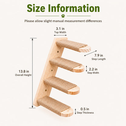 Ortekor Wall-Mounted Solid Wood Cat Steps for Shelves & Perches - Space-Saving Jute Climbing Ladder