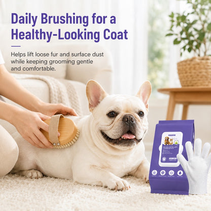Ortekor Frenchie Daily Grooming Kit for After-Walk & Between-Bath Care - Boar Bristle Brush + Rinse-Free Cleaning Gloves