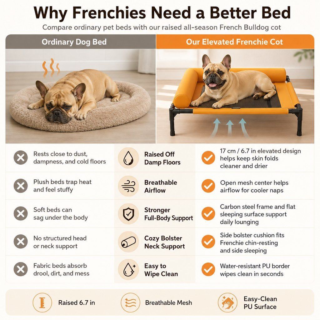 Ortekor French Bulldog Elevated Dog Cot for All-Season Indoor Naps - Breathable Raised Pet Bed with Soft Bolsters for Cooler Rest & Easy Cleaning