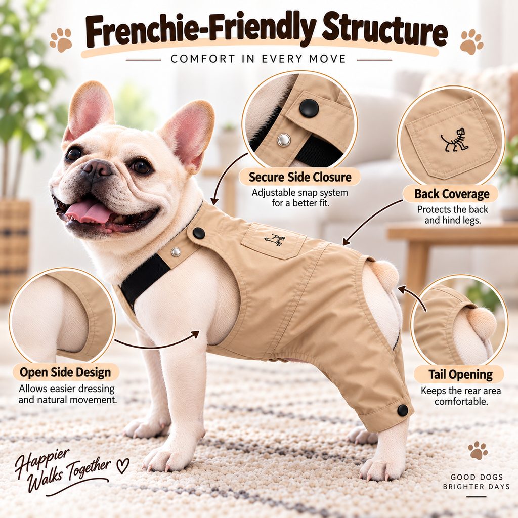 Ortekor French Bulldog Overalls Jumpsuit with Adjustable Straps – Comfortable Everyday Dog Outfit for Walks, Travel & Outdoor Adventures