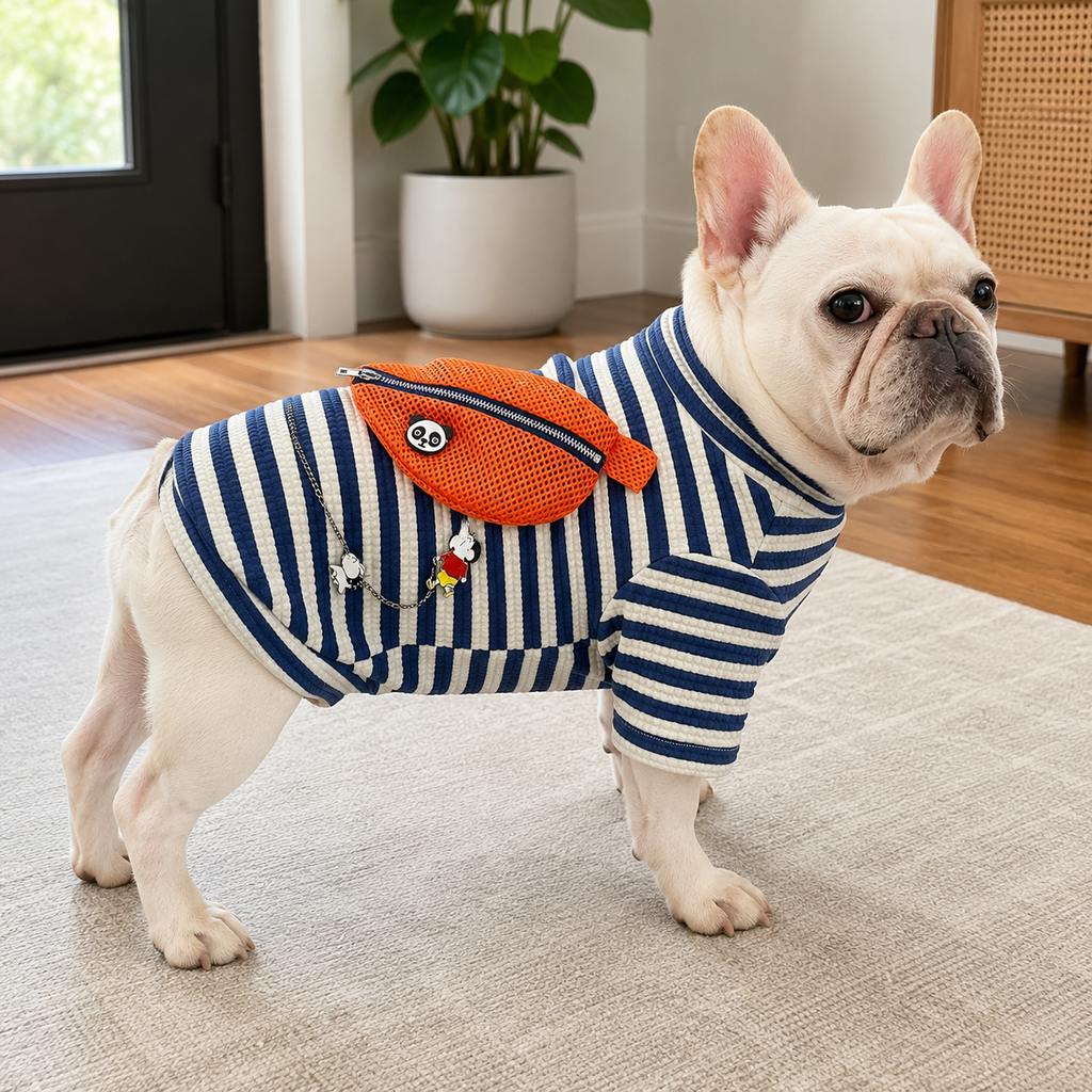 Ortekor French Bulldog Striped Pocket Pullover for Cool Indoor Spaces & Easy Walks - Broad-Chest Sizing
