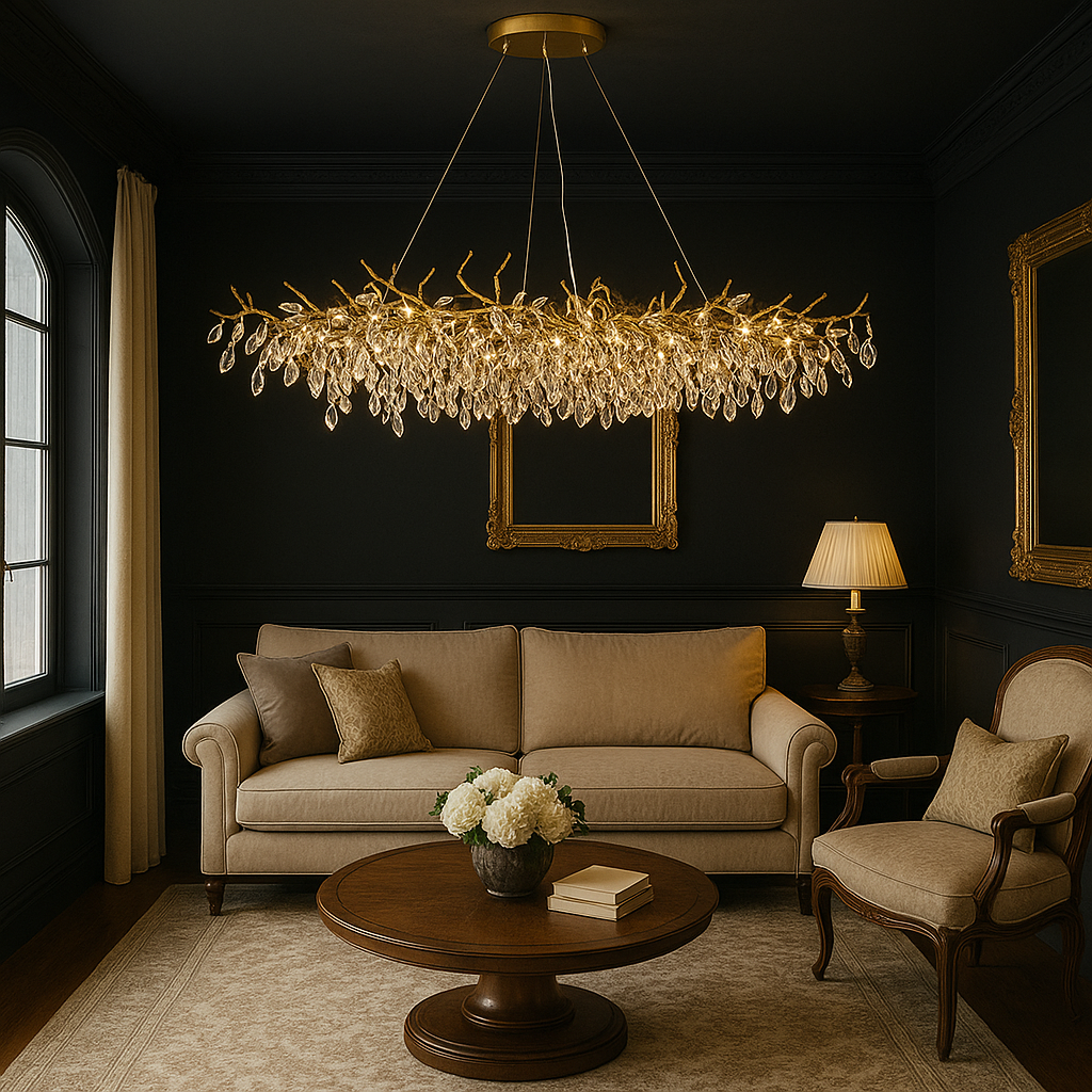 Crystal Chandelier with Aluminum Frame for Dining Room & Living Room – Adjustable French-Inspired LED Ceiling Light Fixture