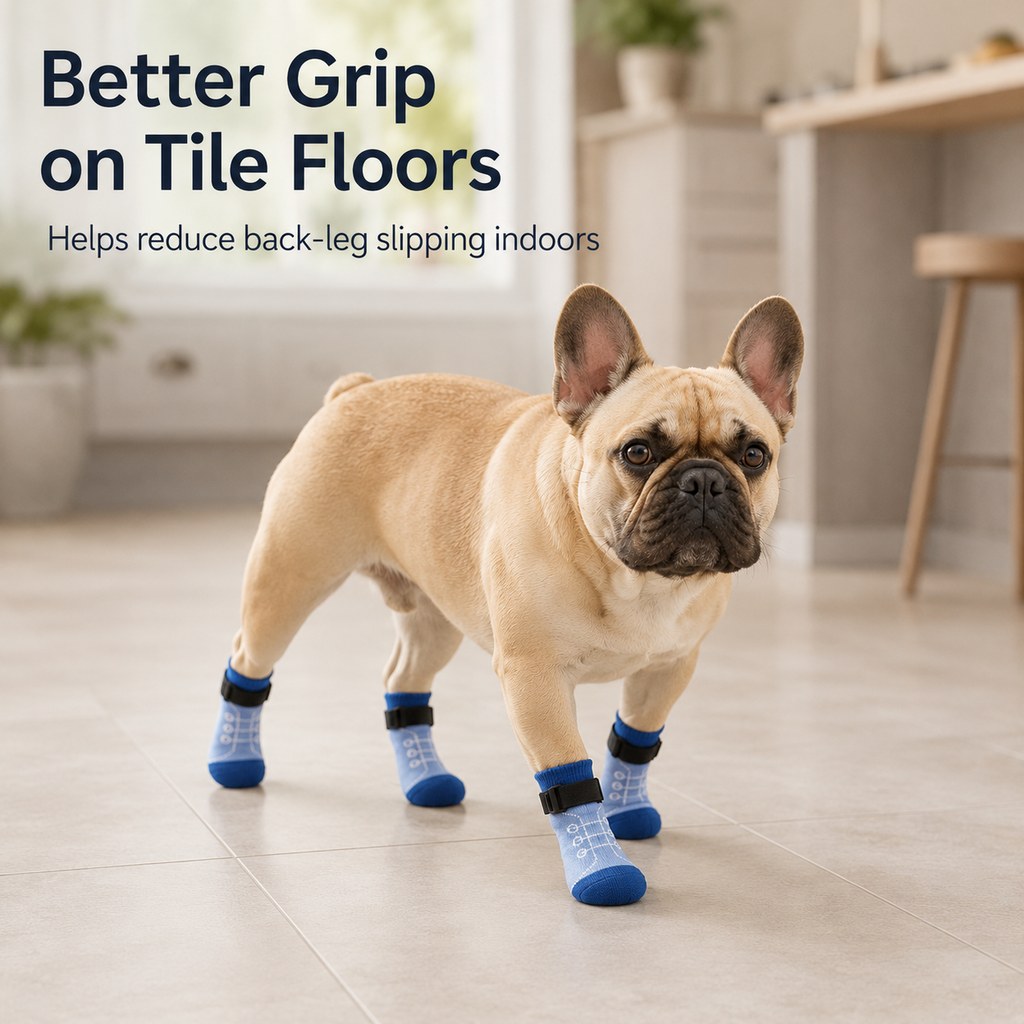 Ortekor French Bulldog Non-Slip Socks for Tile & Hardwood Floors - Helps Reduce Back-Leg Slipping, 4-Pack