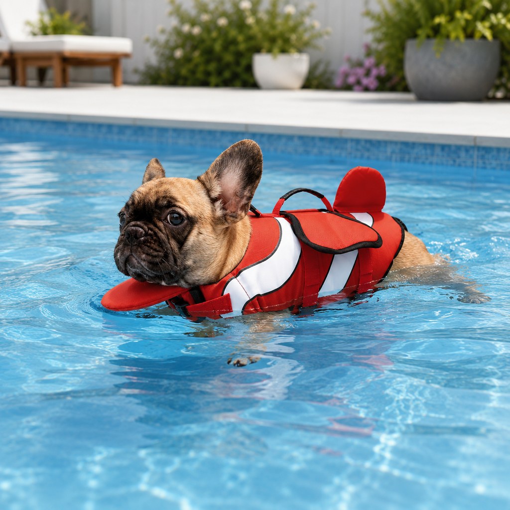 Ortekor French Bulldog Life Jacket for Pool, Beach & Boating - Adjustable Flotation Vest with Chin Support & Grab Handle