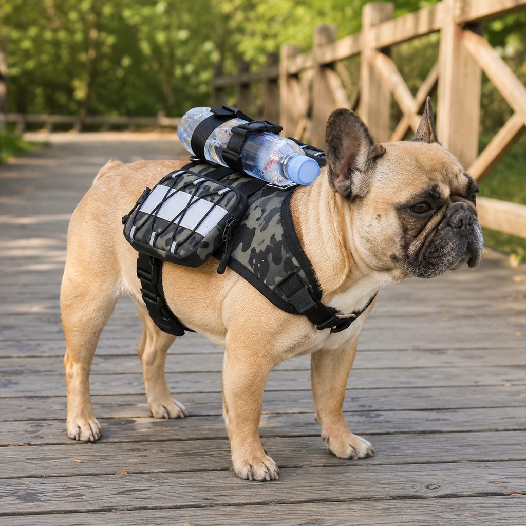 Ortekor Frenchie Tactical Dog Vest Backpack for Daily Walks - Reflective Small Dog Harness with Water Bottle Holder & Side Pockets