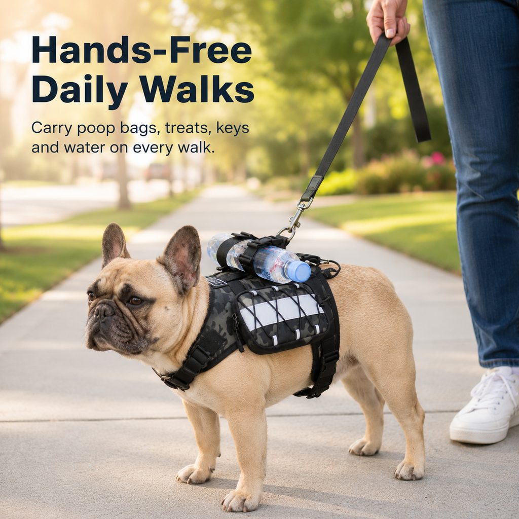 Ortekor Frenchie Tactical Dog Vest Backpack for Daily Walks - Reflective Small Dog Harness with Water Bottle Holder & Side Pockets
