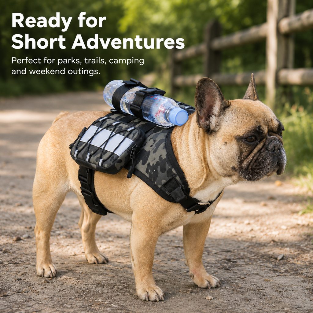 Ortekor Frenchie Tactical Dog Vest Backpack for Daily Walks - Reflective Small Dog Harness with Water Bottle Holder & Side Pockets