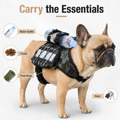 Ortekor Frenchie Tactical Dog Vest Backpack for Daily Walks - Reflective Small Dog Harness with Water Bottle Holder & Side Pockets