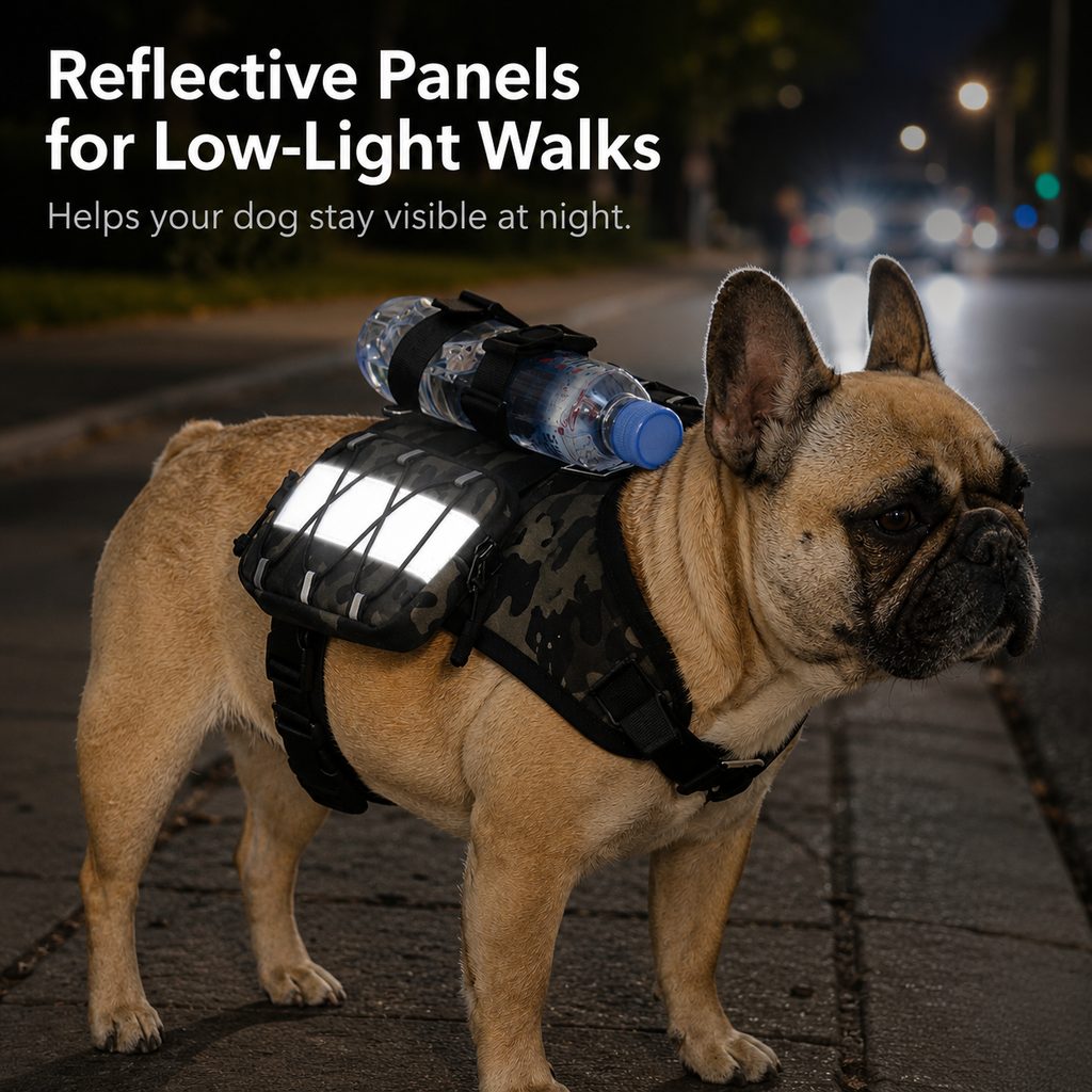 Ortekor Frenchie Tactical Dog Vest Backpack for Daily Walks - Reflective Small Dog Harness with Water Bottle Holder & Side Pockets