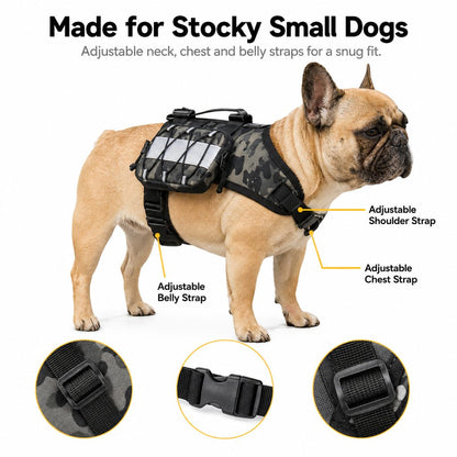Ortekor Frenchie Tactical Dog Vest Backpack for Daily Walks - Reflective Small Dog Harness with Water Bottle Holder & Side Pockets