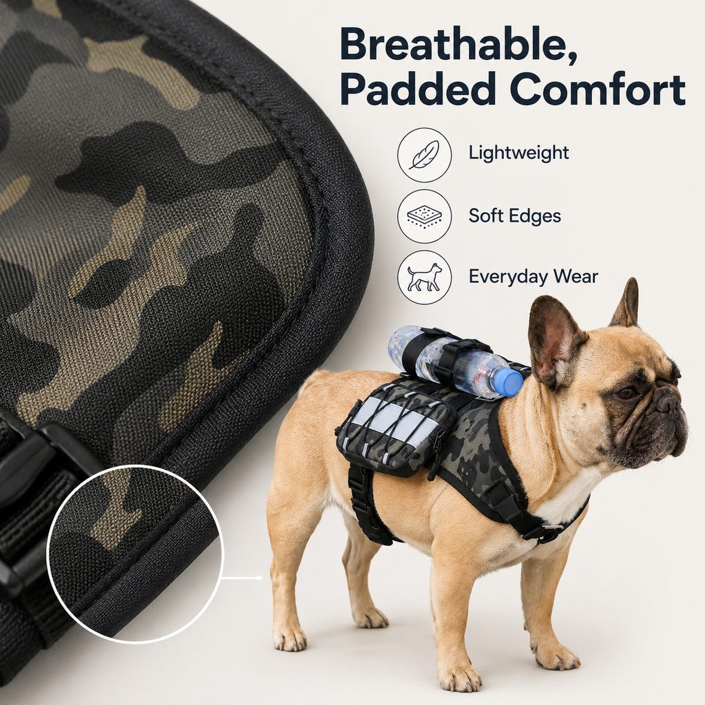 Ortekor Frenchie Tactical Dog Vest Backpack for Daily Walks - Reflective Small Dog Harness with Water Bottle Holder & Side Pockets